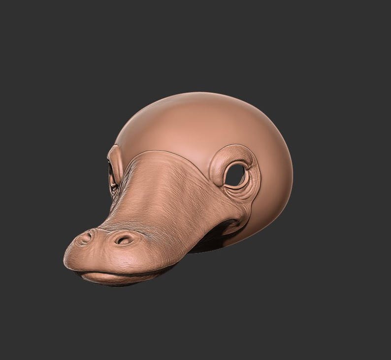 May include: A detailed, light brown sculpture of a platypus head. The sculpture features a rounded head, a broad, textured bill, and detailed eye sockets. The overall design is smooth with subtle textures, set against a dark gray background.