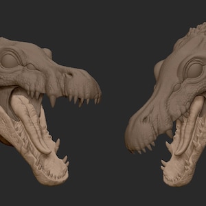 Könnte beinhalten: Ein 3D-gedrucktes Modell eines Drachenschädels mit offenem Kiefer, das Zähne und Zunge zeigt. Der Schädel ist detailliert mit Schuppen und Knochenstruktur. Das Modell wird aus zwei verschiedenen Blickwinkeln gezeigt.
