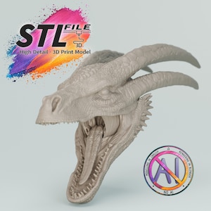 May include: A light gray 3D print model of a dragon head with an open mouth and a long tongue. The head features textured scales and two prominent horns. Text in the image reads STL FILE High Detail 3D Print Model and a circular NO AI logo.