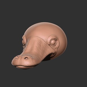 May include: A detailed, brown sculpture of a platypus head. The sculpture features textured skin, a prominent bill, and detailed eyes. The head is set against a dark gray background.