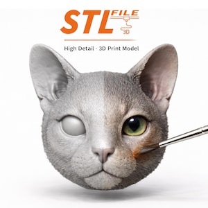 May include: A digitally rendered cat head, split in half to show a 3D print model and a finished version. The text "STL FILE 3D" is at the top, with "High Detail • 3D Print Model" below. A paintbrush is adding color to the finished side.