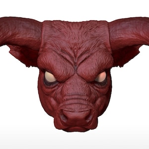 Könnte beinhalten: Ein roter Bullenkopf mit großen Hörnern und wütenden Augen. Der Bullenkopf ist ein 3D-Modell mit einer strukturierten Oberfläche.