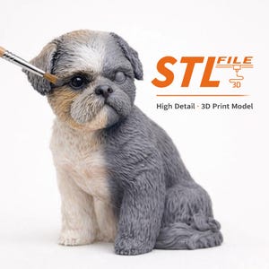 May include: A detailed 3D print model of a seated Shih Tzu dog, with a brush touching its head. The dog is gray, white, and tan. The image includes the text "STL FILE 3D" and "High Detail - 3D Print Model".