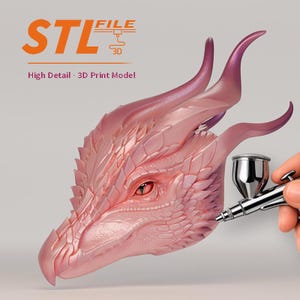 Könnte beinhalten: Ein rosa Drachenkopf-3D-Druckmodell mit hohem Detailgrad. Der Drachenkopf hat eine strukturierte Oberfläche und wird mit einer Airbrush bearbeitet. Das Bild enthält den Text "STL FILE 3D" und "High Detail 3D Print Model".