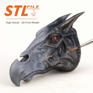 Könnte beinhalten: Detailliertes 3D-Druckmodell eines Kreaturenkopfes, in Dunkelgrau mit einem helleren grauen Schnabel. Das Modell hat ein rotes Auge und wird mit einem Pinsel bemalt. Der Text "STL FILE 3D" und "High Detail - 3D Print Model" sind sichtbar.