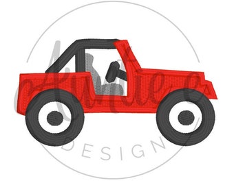 Puede incluir: Un jeep rojo con ruedas negras y un interior gris. El jeep está mirando hacia la derecha.