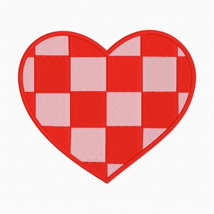 May include: A red and pink checkered heart-shaped patch. The heart is outlined in red.
