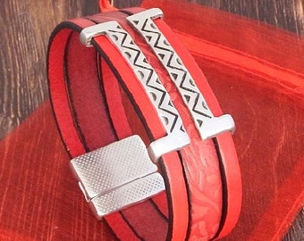 Bracelet cuir Arizona rouge et argent