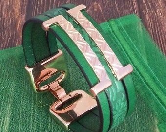 Bracelet cuir Arizona vert et or rose