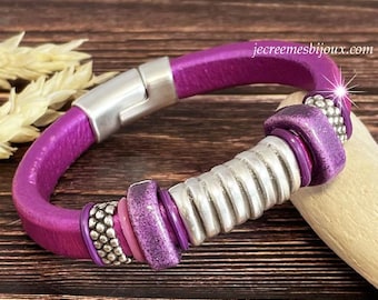 Bracelet cuir regaliz fuchsia et argent