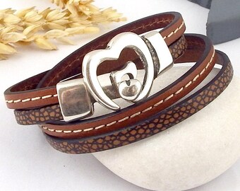 Bracelet cuir camel original fermoir coeur plaque argent