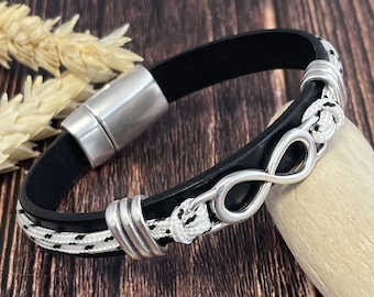 Bracelet cuir noir Maxime, paracord, passant et fermoir argent