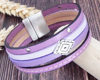 Bracelet cuir manchette mauve et violet passants et fermoir argent