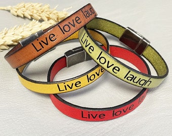 Yellow live love laugh leather bracelet black zamak gun metal clasp