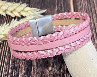 Bracelet cuir tressé rose "Magnolia"