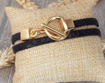 Double wrap black crocodile leather bracelet with gold toogle clasp