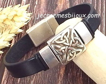 Bracelet cuir noir style grec passant et fermoir argent