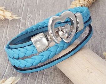 Bracelet cuir tresse turquoise double fermoir coeur argent