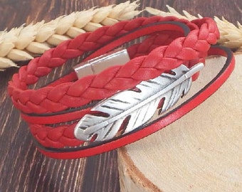 Bracelet cuir tressé rouge et plume argent