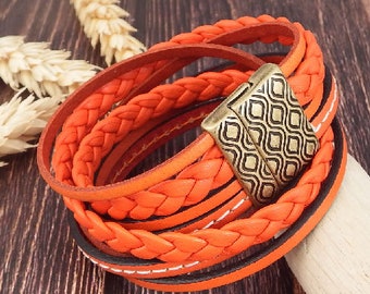 Orange braided leather strap magnetic bronze clasp