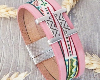 Bracelet cuir manchette rose dessin avec fermoir magnétique argent