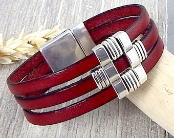 Bracelet cuir manchette "Mikaella" bordeaux et argent