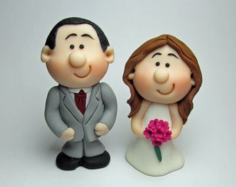 MINI Bride and Groom Wedding Cake Topper, Mini Novelty Cake Topper, Handmade - customise hair, flower and tie colours