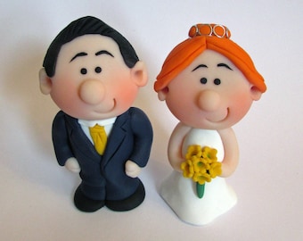 MINI Bride and Groom Wedding Cake Topper, Mini Novelty Cake Topper, Handmade - customise hair, flower and tie colours