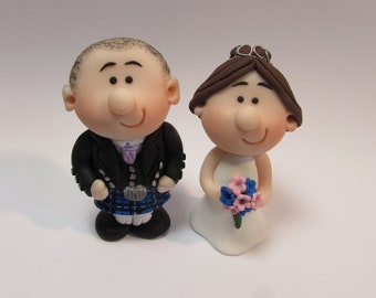 Scottish Bride and Groom Wedding Cake Topper, Budget Mini Wedding Cake Topper, Personalised  Tartan,  hair, flower and tie colours