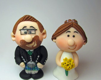 MINI Bride and Groom Wedding Cake Topper, Scottish Budget Mini Wedding Cake Topper, Personalised  hair, flower, Tartan and tie colours