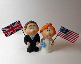 MINI Bride and Groom Wedding Cake Topper,  With National Flags, Mini Novelty Cake Topper, Handmade - Personalised hair and tie colours