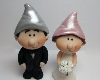 MINI Gnome  Bride and Groom Wedding Cake Topper,  Mini Budget Wedding Cake Topper, Personalised - customise hair, flower and tie colours