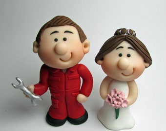 MINI Bride and Groom Wedding Cake Topper,  Mechanic, Novelty Cake Topper, Handmade - Personalised hair and flower colours