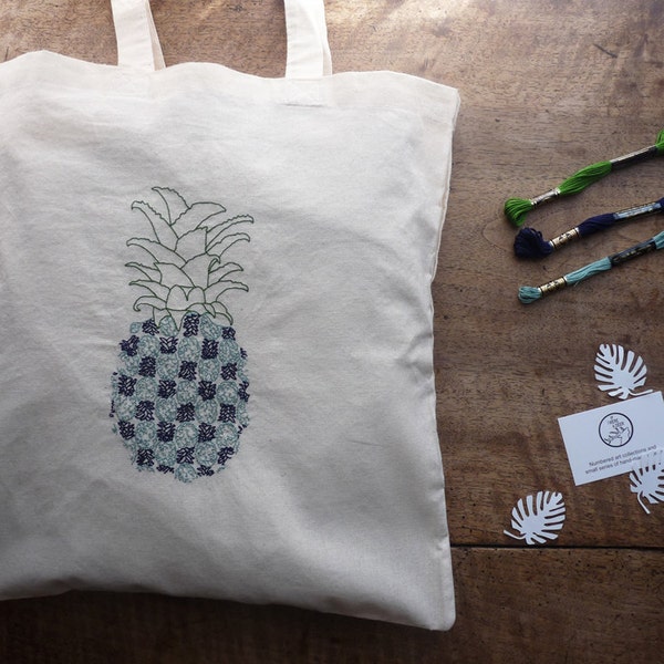 Pineapples in Pineapple : Patterntote #1 - Hand-embroidered cotton tote bag - green lawn, navy blue and ice blue