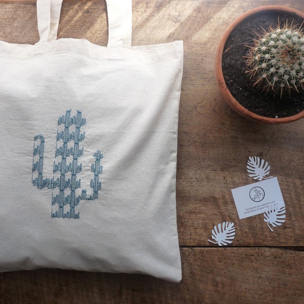 Cacti in cactus : Patterntote #2 - Hand-embroidered cotton tote bag - peacock blue