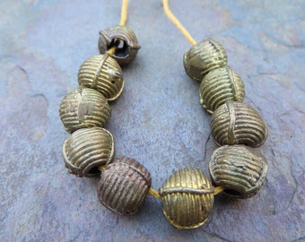 African Brass Metal Beads.  Ghana Africa. Fancy Wound. Average Size 10mm. 10 Beads 001146