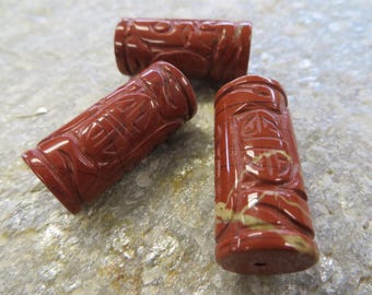 Vintage Chinese Hand Carved Red Jasper Beads. Rare. 3 Large Beads