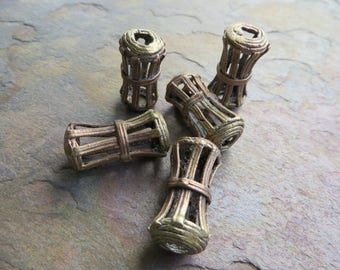 African Brass Metal Beads.  Ghana West Africa.  Large Barrel Shape. 5mm Hole.  Hollow. 5 Beads 001218