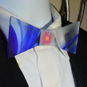 Blue Streaked Glass Bow Tie with Floral Center Accent Handmade Artistic Formalwear Unique Wedding Accessory Prom & Homecoming Statement Tie