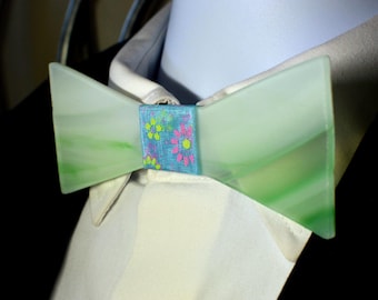 Wearable Art Glass Bow Tie Green & White Swirl Glass with Floral Accent Ribbon Handmade in Utah One of a Kind Wedding Artisan Formal Wear
