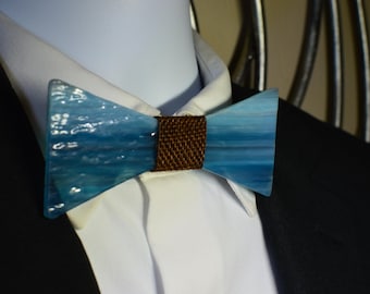 Handcrafted Blue Glass Bow Tie | Unique Wearable Art | Blue Textured Fused Glass Bow Tie with Brown Woven Accent Unisex Statement Accessory
