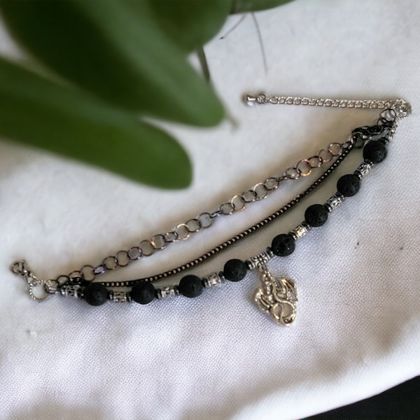 Dragon Bracelet, Volcanic Ash Bead, Fantasy bracelet, gift, mom gift, jewelry, handmade bracelet, multi strand bracelet, adjustable bracelet