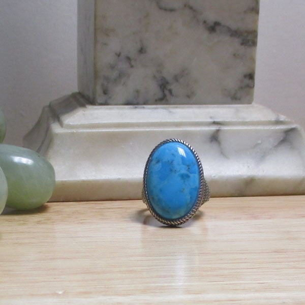 Gr 120 Sterling Silver and Turquoise Cabochon BBJ Signet Ring Size 12 1/4