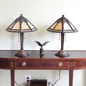 PG 60 Bradley and Hubbard Original Matching Pair Slag Glass Panel Lamps Arts and Crafts