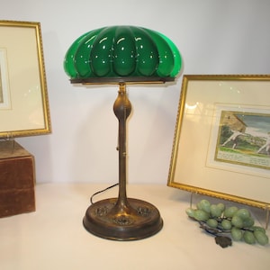 Bradley and Hubbard Art Nouveau Lily Lamp with Green Cased Melon Dome Shade
