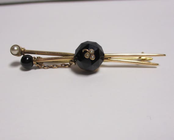 Gr 80 Victorian Solid 15K Rose Gold, Onyx and Pea… - image 1