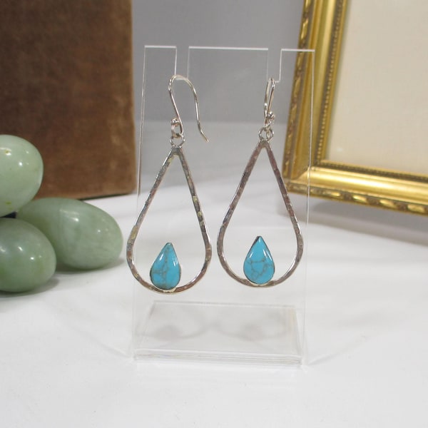 Gr 209 Taxco Sterling Silver and Turquoise Hammered Dangle Earrings