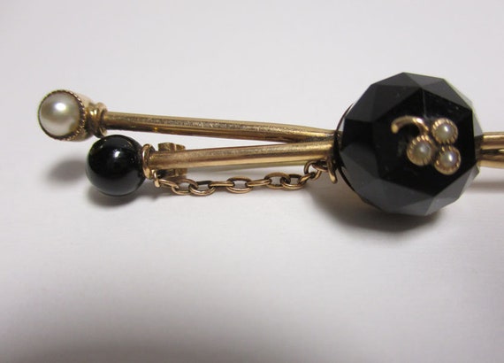 Gr 80 Victorian Solid 15K Rose Gold, Onyx and Pea… - image 3