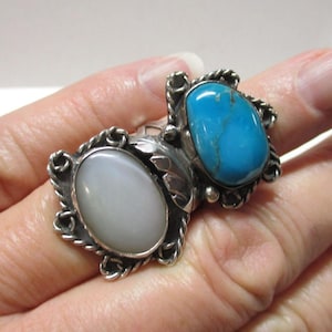 Gr 21 Vintage Navajo Sterling Silver, Mother of Pearl and Turquoise Concho Ring Old Pawn