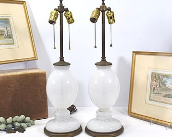Gr 208 Pair Opaline Glass Two Light Hollywood Regency Lamps